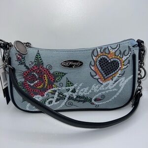 NWT Ed Hardy Shoulder Crossbody Bag Denim Blue Rhinestone Rose & Flaming Heart